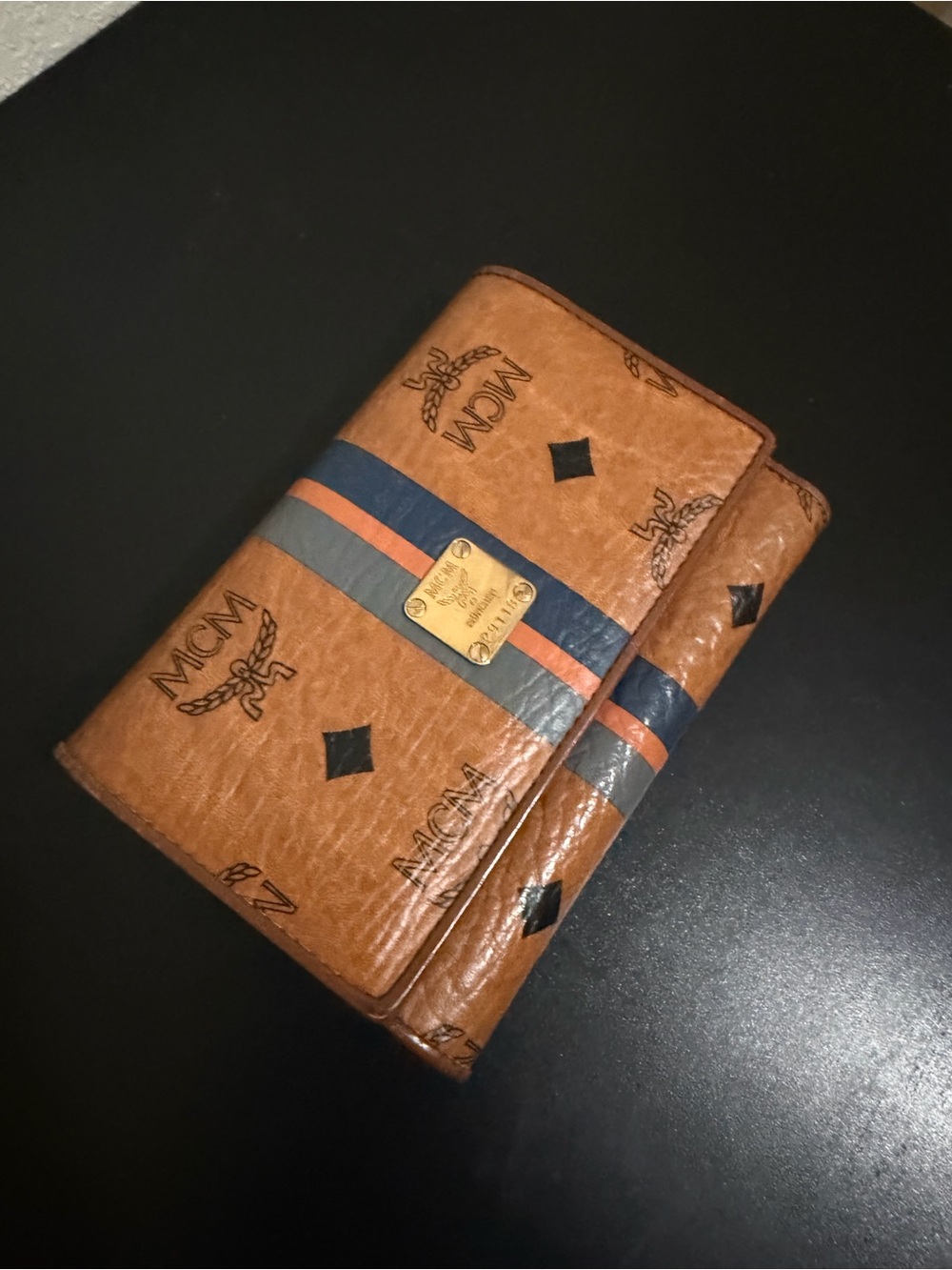 MCM Cognac Visetos Signature Trifold Wallet with Navy & Orange Stripe